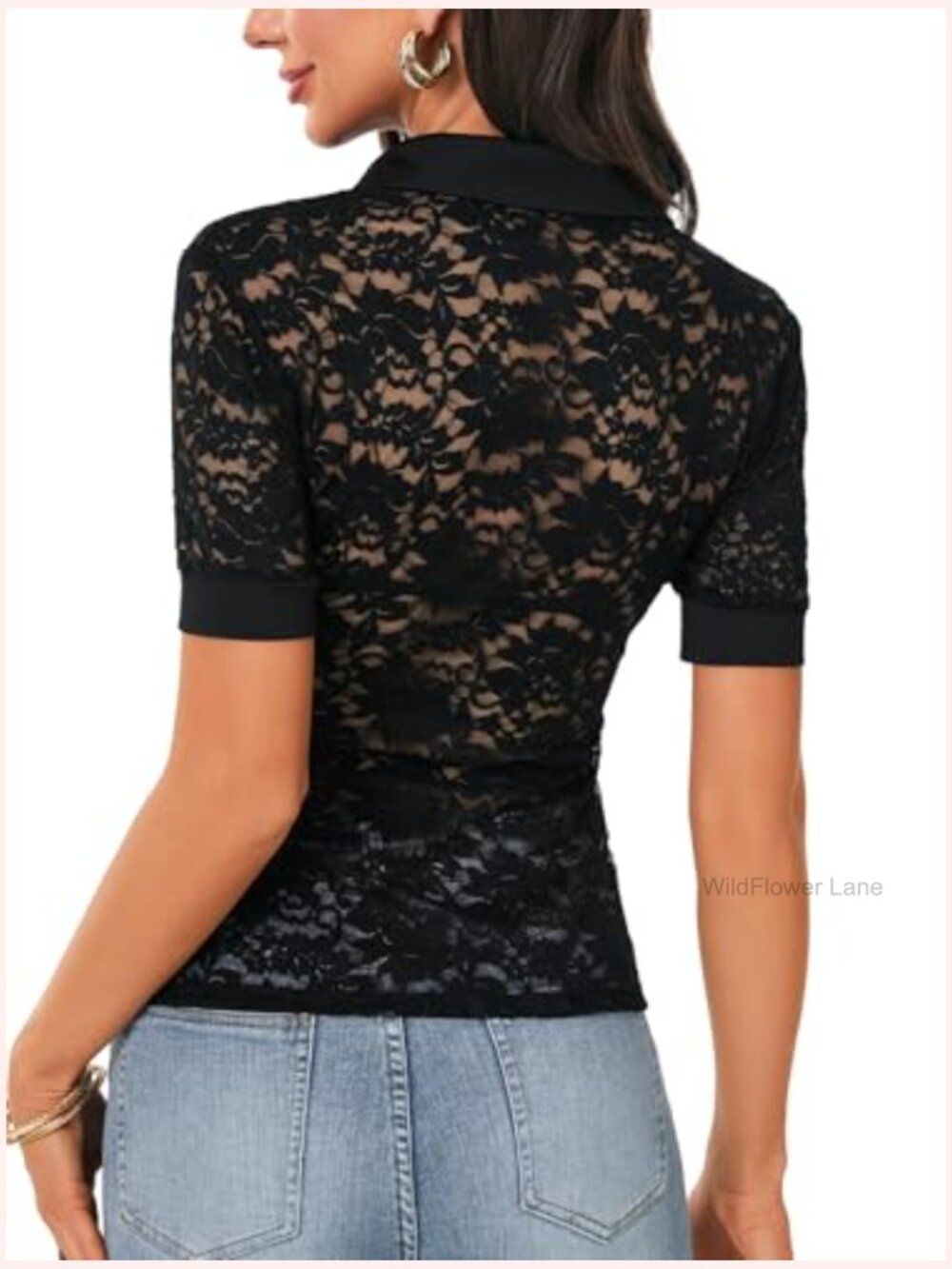 Lace Button Up Short Sleeve Blouse Sheer Collared Shirt Dressy Casual Top - Picture 5 of 7
